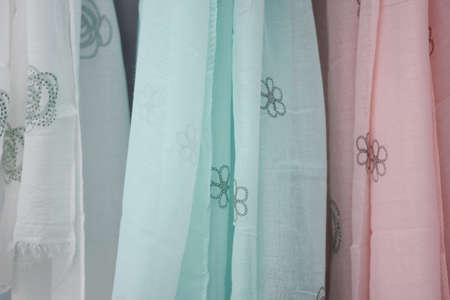 Womenâs Scarf Made of a Striped Cotton Silkの写真素材