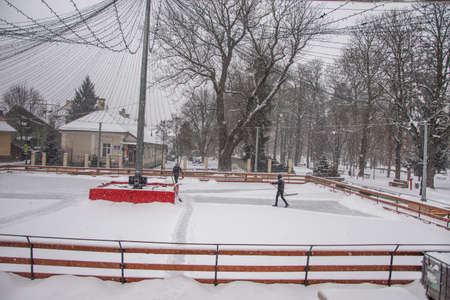 snow clearing on the rink in Bistrita, Romania, December 2021のeditorial素材