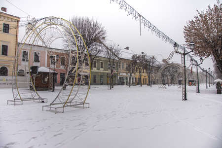 Winter decorations in the center of Bistrita, December, 2021, Romaniaのeditorial素材