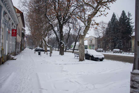 Independence Boulevard in December, in Bistrita, Romania, 2021 ,snowy boulevard