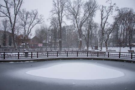 Frozen lake in the city park in December 2021, Bistrita, Romaniaのeditorial素材