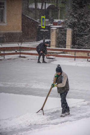 snow clearing on the rink in Bistrita, Romania, December 2021のeditorial素材