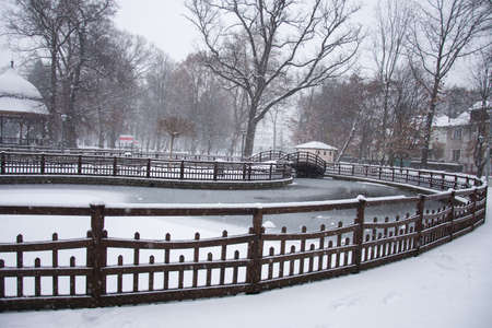 Frozen lake in the city park in December 2021, Bistrita, Romaniaのeditorial素材
