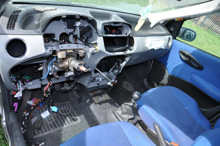 interior, seats in a crashed car in Romania, Bistrita, 2017の写真素材