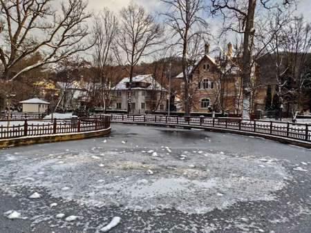 Frozen lake in the city park in December 2021, Bistrita, Romania