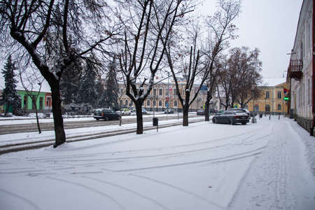 Independence Boulevard in January  in Bistrita, Romania, 2022,snowy boulevardのeditorial素材