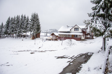 Winter landscape at Piatra FÃ¢ntÃ¢nele Monastery in Tihuta, BISTRITA, Romania,  2022のeditorial素材