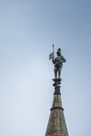 Hunedoara.Romania,2018,Corvin Castle, ,september,statue soldier with a spear at the top of the castleのeditorial素材