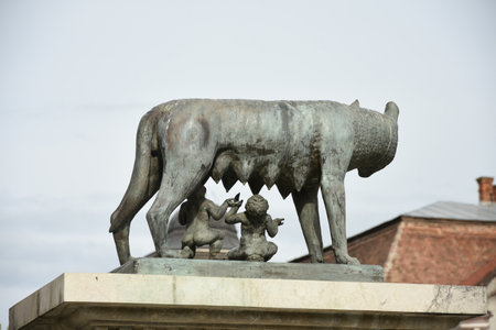 Sculpture of Romulus and Remus drinking milk from a she-wolf In Cluj Napoca, Romania,may, 2017のeditorial素材