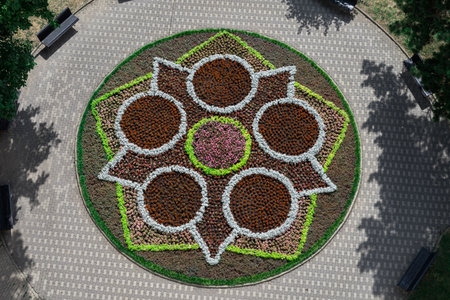 Roundabout of floral decorations in Bistrita,Central Market , Romania, 2024