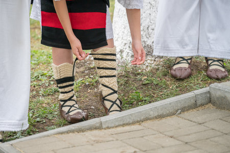 In Romania, Maramures, The oldest type of footwear is peasant sandals (opinci) worn with woolen or felt foot wraps (obiele) or woolen socks (caltuni).の写真素材