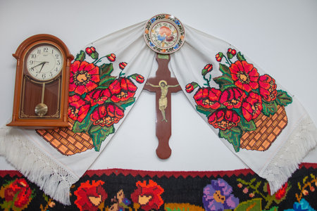 Popular decoration on the wall with a painted plate, a popular towel, in Ardeal, , Romania 2024の写真素材