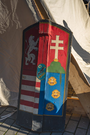 medieval defense shield in Bistrita, Romania 2024の写真素材