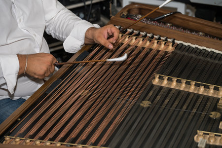 A musician plays the Dulcimer at a wedding in Romaniaの写真素材