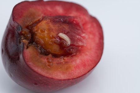 a big white worm in a cherryの写真素材