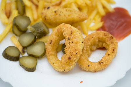 Platter with calamari and fries, tomato paste, pickled cucumbers at a restaurant in Transylvania, Bistrita, summer 2025の写真素材