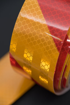 High-Visibility Reflective Tape - Waterproof, Durable PVC, Red & Yellow Hazard Warning Caution Tape with Strong Adhesive for Vehicles, Trailers, Boats, Signs - Outdoor Safety Conspの写真素材