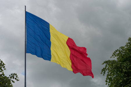 The Romanian flag, red, yellow and blue, blowing in the wind on a cloudy sky, 2025の写真素材