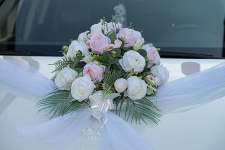 the bride and groom's car decorated with flowers in Transylvania, Romania, 2025の写真素材