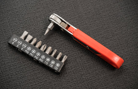 11-piece Mini Ratchet Wrench Set Screwdriver, a mini ratchet wrench set, which is particularly useful for working in tight or confined spaces.の写真素材