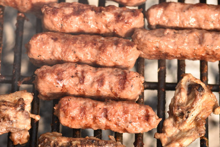 Grilled mititei, a traditional Romanian dish. These are small, uncased minced meat sausages, usually made from a mixture of beef, pork and lamb.の写真素材