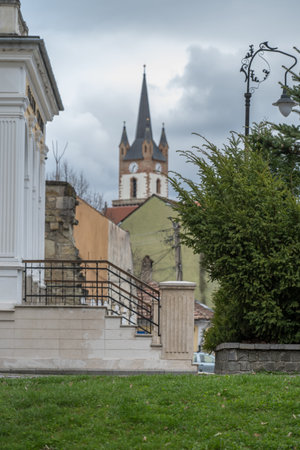 Evangelical Church and Palace of Culture in Bistrita, in March 2025, Romaniaのeditorial素材