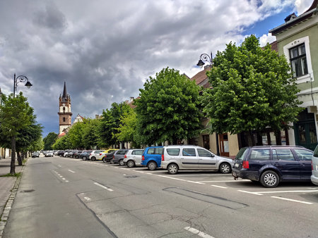 the Evangelical Church in BistriÈa, Romania, seen from Gheorghe Sincai Street, mai 2020のeditorial素材