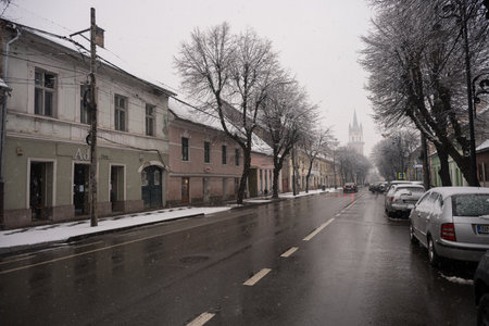 The Evangelical Church in Bistrita in February 2025, seen from Dornei Street, Romaniaのeditorial素材