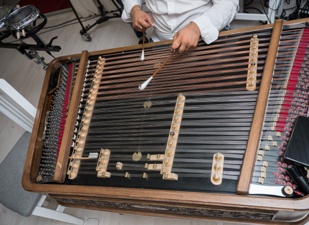 Musician playing traditional old dulcimer (cymbalo ). Retro music instruments  in Romania ,
