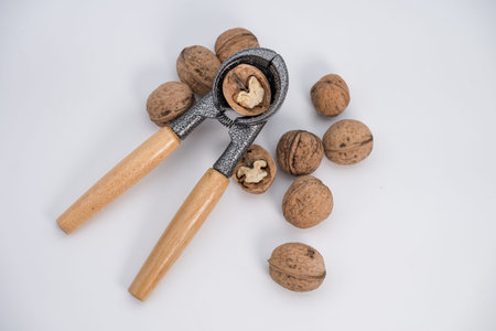 a heavy-duty nutcracker with wooden handles.
It is made from enameled die-cast aluminum with quality wood handles. The design is ergonomic and comfortable to hold, making it easyの写真素材