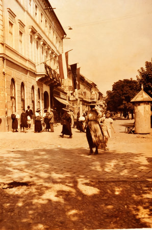 Old image from the 1940s with Lemnelor Street (Liviu Rebreanu), BistriÈa, Romaniaのeditorial素材