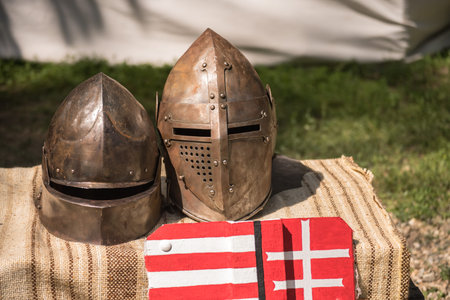 Medieval iron helmet, detail of ancient medieval armor, helmet of the medieval knight from Romania