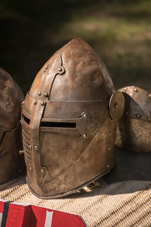 Medieval iron helmet, detail of ancient medieval armor, helmet of the medieval knight from Romania