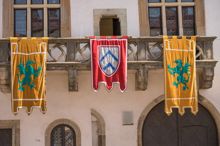 Medieval flags depicting a mythical creature, likely a dragon or griffin on Bistrita, Romania