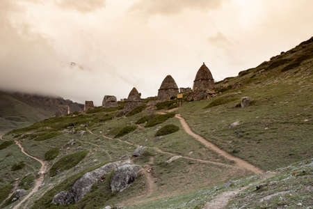 mountain landscape in the fog, an ancient necropolis in Kabardino-Balkaria
