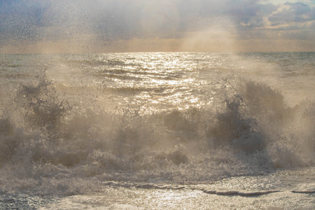 storm on the sea in the rays of sunset big waves, spray