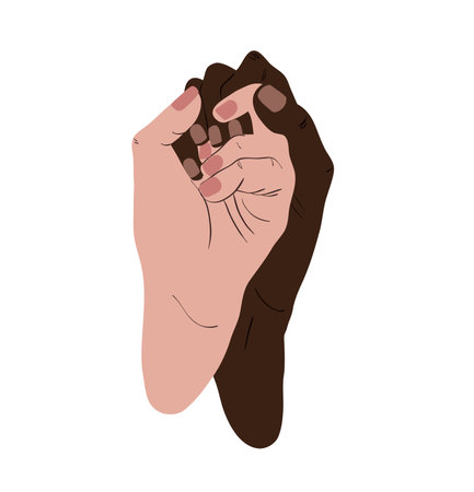 Illustration of intertwined hands vectorized. Sorority and diversity. Black skin and white skin hands. Concepts of love, tolerance, equality, unity, partnershipのイラスト素材