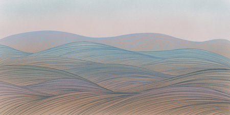 Background, abstract landscape banner of mounds of lines forming waves in blue tones. Texture, graphic resource. Abstract background with geometric pattern of blue linesの写真素材