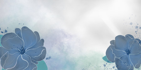 Banner background with nature motifs, bouquet of flowers in blue and purple tones with textured watercolor background. Graphic resource with space for textの写真素材