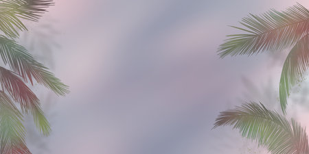Banner background with nature motifs, leaves and palm tree in green, pink and purple tones. Graphic resource with space for textの写真素材
