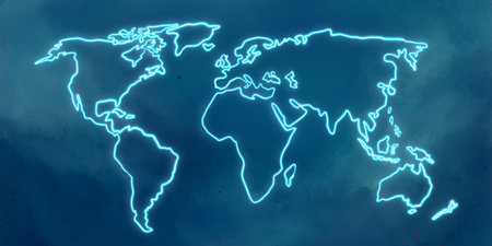 World map with glowing lines on a textured blue backgroundの写真素材