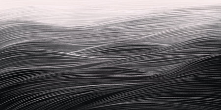 Background, banner of lines forming waves in white colors on black and gray background. Texture, graphic resource. Abstract background with geometric pattern of white linesの写真素材