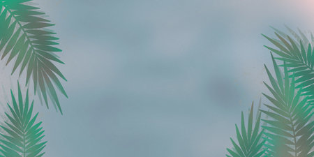 Banner background with nature motifs, leaves and palm tree in green, pink and purple tones on blue background. Graphic resource with space for textの写真素材