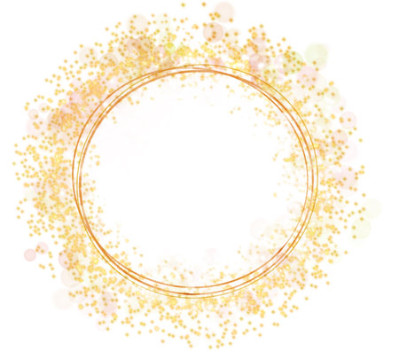 Golden round frame with bright lights and bright bokeh effects around, transparent background. Bright golden sparkles. design templateの写真素材