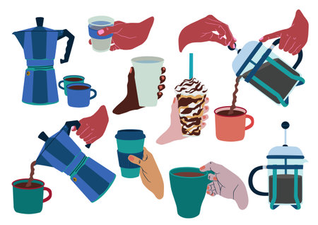 Set of vector illustrations, hands of different skin tones, coffee world illustrations. Hand with glass, hand with cup, hand with coffee to go, hand with coffee pot etc.のイラスト素材