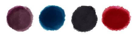 Set of vectorized digital watercolor stains, round shapes in purple, black, blue and red tones, isolated stains with transparent background. Watercolor textured stainのイラスト素材