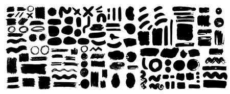 Great collection of shapes. Brush strokes with black paint, handmade strokes with varied shapes, circular, elongated, square, rectangular, set of vector strokes in blackのイラスト素材
