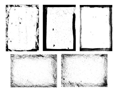 Set pack of frames with different textures; splashes, strokes and worn. Overlay of dust, dirt, noise particles, grain.のイラスト素材