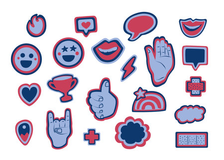 Set of illustrations for stickers, collection of fun, cheerful and hooligan illustrations. Mouths, hands, clouds, balloons, fire, hearts and lightning. Vectorized elements on white backgroundのイラスト素材