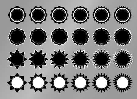Set of star shapes in black color with white borders and edges. Sales or discount stickers, icons, badges, logos. Stars with different number of rays, with round verticesのイラスト素材